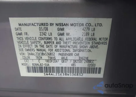 2008 Nissan Altima 2.5 z USA, uszkodzony, nr VIN 1N4AL21E38N536852